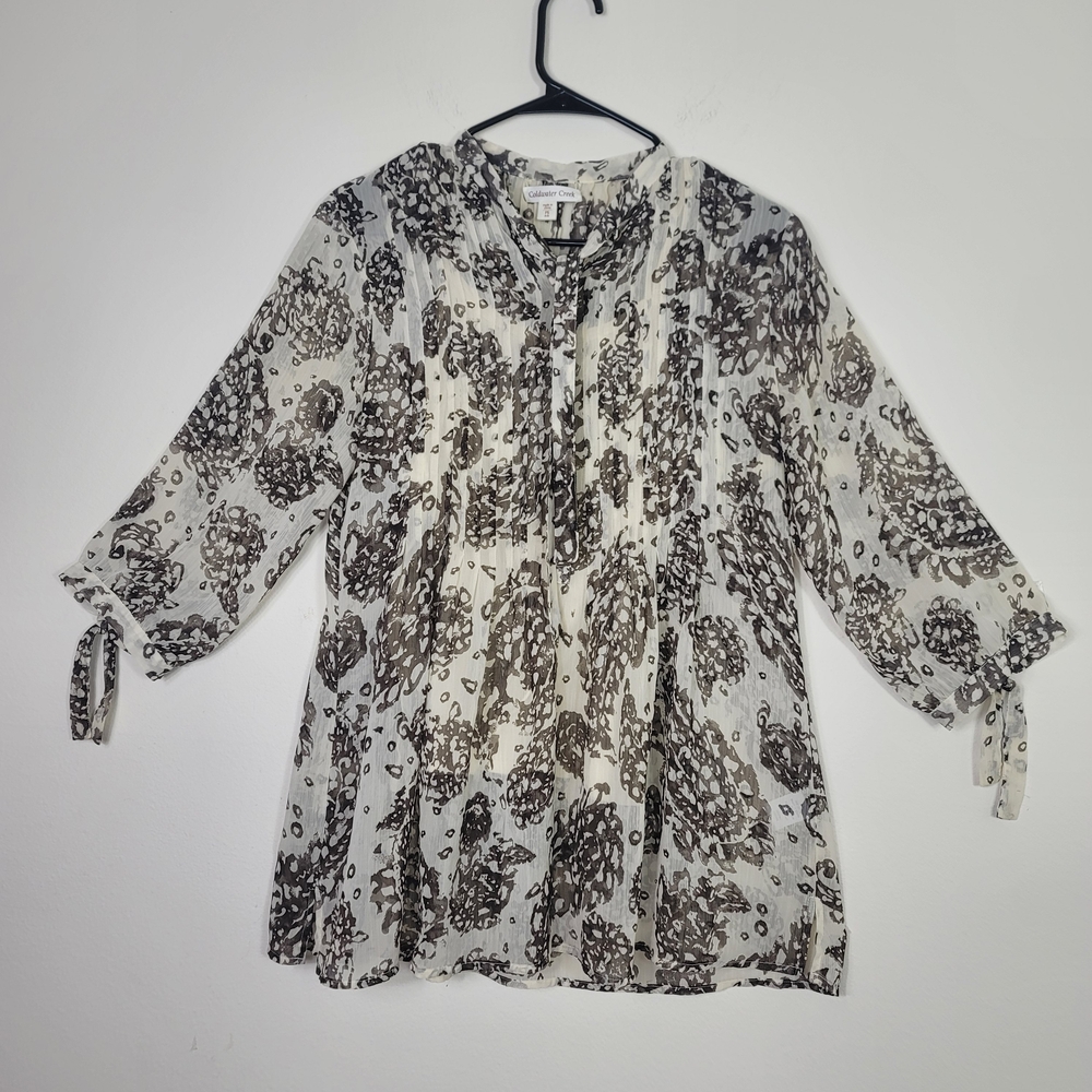 Coldwater Creek PS Abstract Floral Pleated Tunic Blouse cami Lining Petite Cream